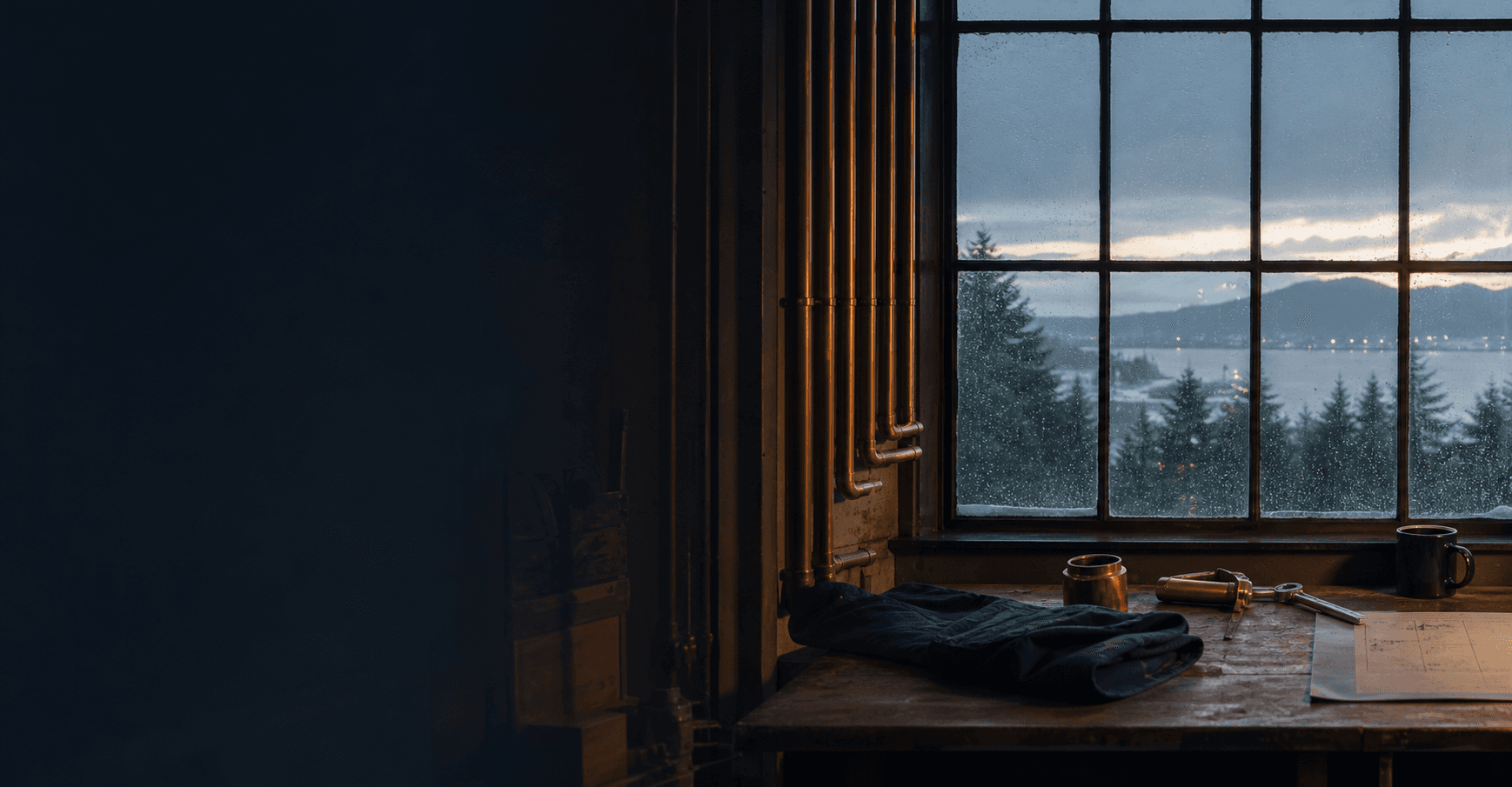 Rainy workshop window with copper plumbing pipes